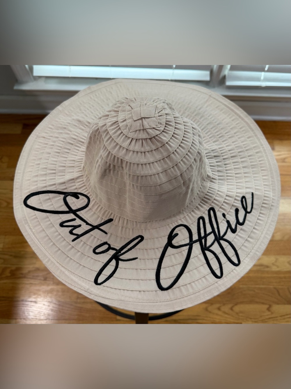 Wide Brim Beige Embroidered Sun Hat “Out Of Office”